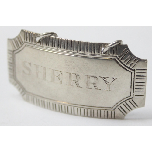 1018 - A vintage silver Sherry decanter label, Birmingham 1966 by Harman Brothers