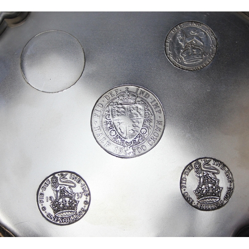 1044 - An unusual silver card tray set with 5 coins and a medallion Queen Victoria to George VI, London 193... 