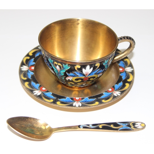 1070 - A Russian silver gilt and champlevé or cloisonné enamel 2 person tea set comprising of 2 tea cups an... 