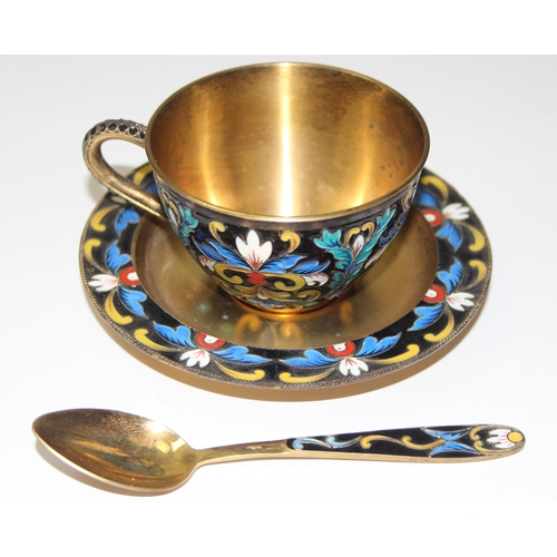 1070 - A Russian silver gilt and champlevé or cloisonné enamel 2 person tea set comprising of 2 tea cups an... 