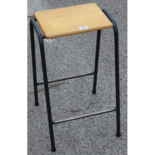 107 - Vintage 1960’s wood seated metal framed classroom stool, approx 39cm W x 29cm D x 62cm H