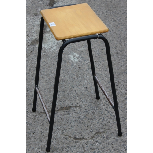 107 - Vintage 1960’s wood seated metal framed classroom stool, approx 39cm W x 29cm D x 62cm H