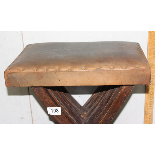 108 - Vintage wooden framed leather topped folding stool, approx 37cm tall