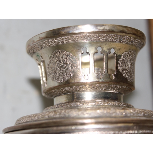 1086 - A vintage silver plated samovar with Islamic designs and a silver plated cigarette case of similar d... 