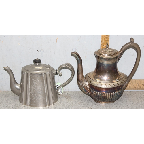 1098 - 2 antique silver-plated coffee pots/hot water jugs, tallest approx 24cm