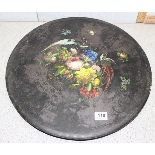 110 - A very unusual antique painted round slate table-top with hand-painted decoration of flowers and bir... 