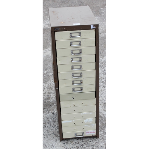 115 - A Bisley 15 drawer metal cabinet, approx 28cm wide x 38cm deep x 116cm tall