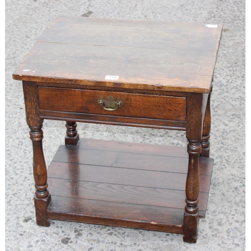 116 - A small antique oak console table with single drawer, approx 58cm wide x 47cm deep x 59cm tall