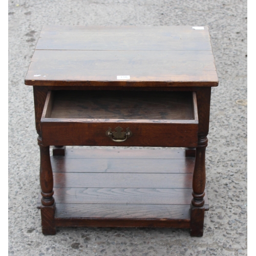 116 - A small antique oak console table with single drawer, approx 58cm wide x 47cm deep x 59cm tall