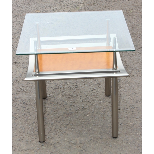 117 - A retro style chrome and glass topped table, approx 61cm square x 60cm tall