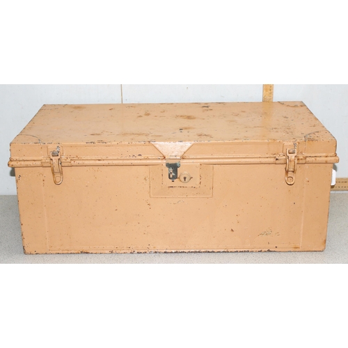 118 - Large painted metal trunk with handles, approx 78cm W x 41cm D x 30cm H