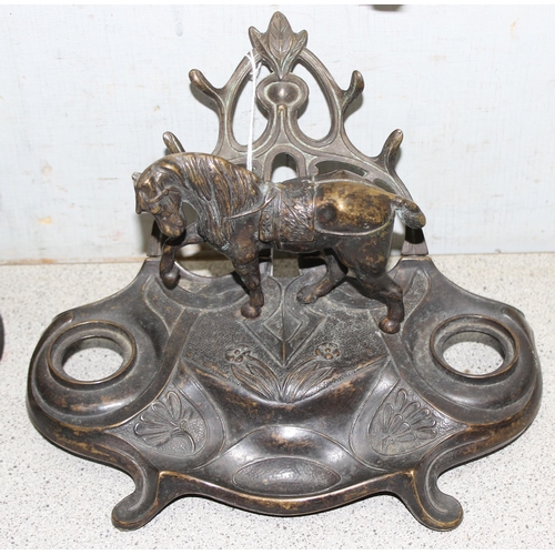 1782 - Bronzed spelter plough-horse ornament, bronzed spelter horse ink-well and pen stand and a cast iron ... 