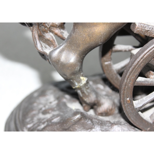 1782 - Bronzed spelter plough-horse ornament, bronzed spelter horse ink-well and pen stand and a cast iron ... 