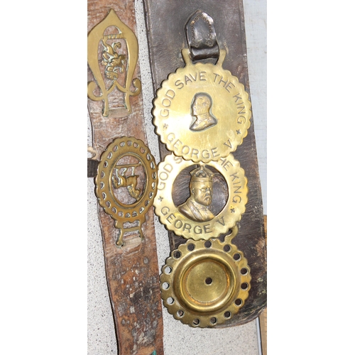 1784 - Victorian and later horse brasses, some on leather straps, horse shoe etc