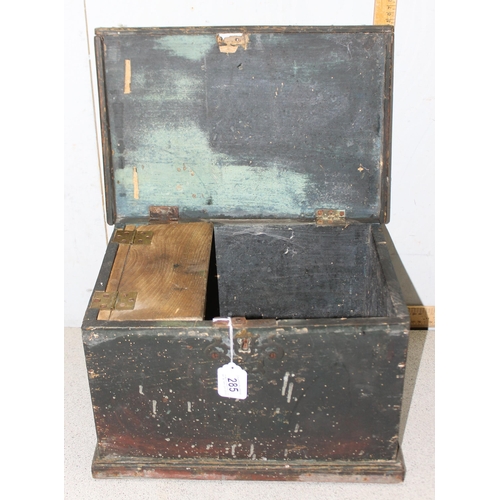 285 - Vintage black painted Elm trunk with contents, approx 43cm W x 30cm D x 30cm H