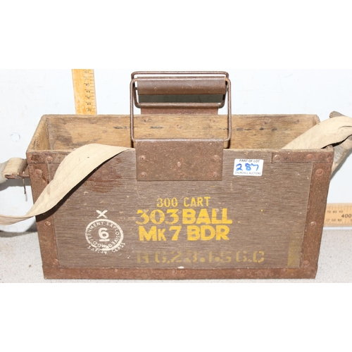 287 - 2 travel cases and a wooden ammo box with handles, largest approx 60cm x 41cm x 20cm