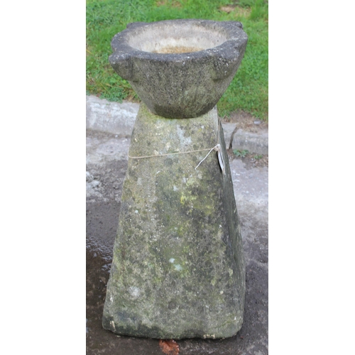 319 - A vintage staddle stone base with carved marble mortar, approx 56cm tall