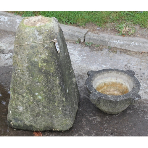 319 - A vintage staddle stone base with carved marble mortar, approx 56cm tall