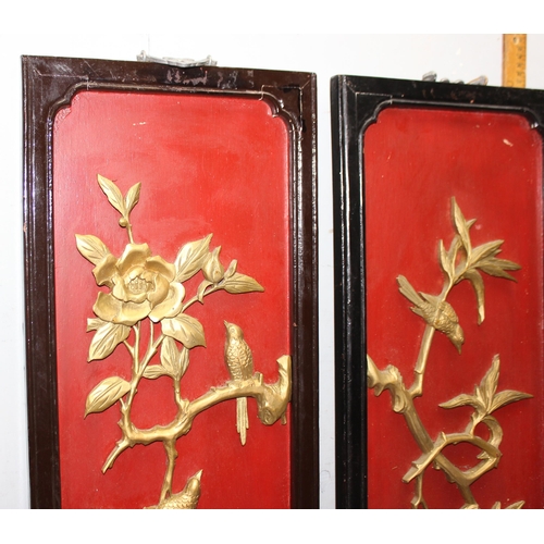 447 - Three Chinese rectangular wooden panels with applied gilt carvings, each panel approx 30cm x 90cm