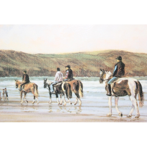 449 - Original framed oil on canvas of horse-riders on beach, signed bottom left Della Riley, approx 52cm ... 