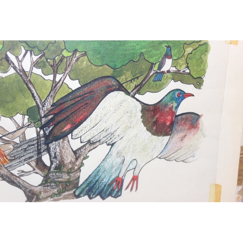 450 - New Zealand Maori School (XX), original painting of a poacher and pigeon, unframed and unsigned, app... 