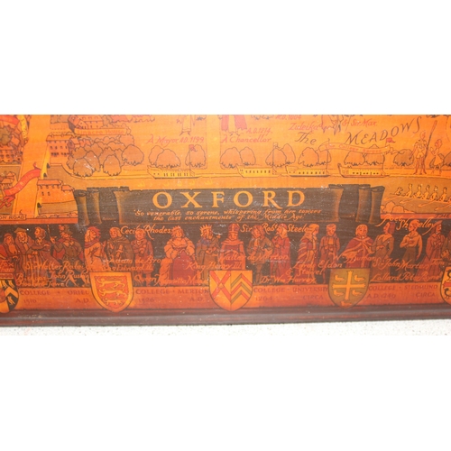 454 - Large wooden picture of Oxford City centre mainly depicting the university colleges and their Est. d... 