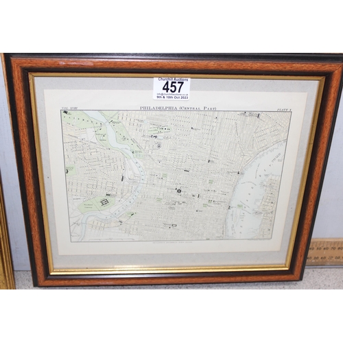 457 - 6 framed vintage maps to incl Philadelphia, London, New York, Spain, Shropshire, Staffordshire and C... 