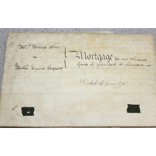 526 - Vintage metal deed box with contents to incl indenture, marriage and deed documents relating to the ... 