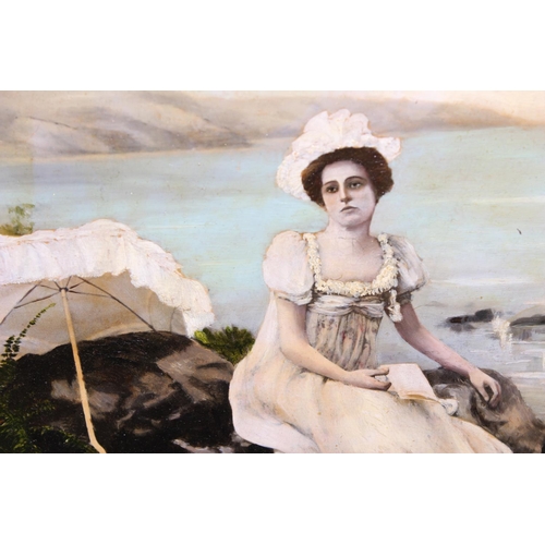 478 - M Spencer (XIX), an antique oil on board of a Victorian lady at the beach in period oak frame, belie... 