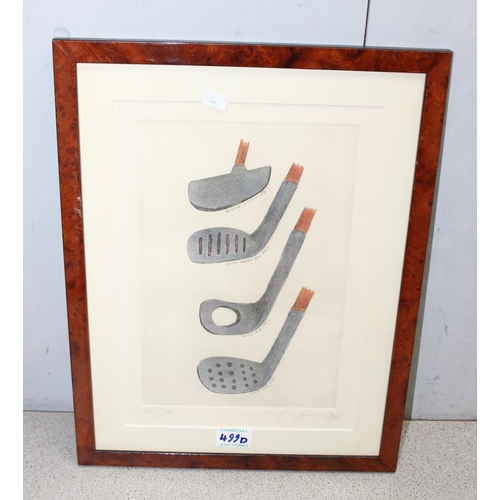 479 - A pair of signed limited edition coloured engravings depicting antique golf clubs, indistinctly sign... 