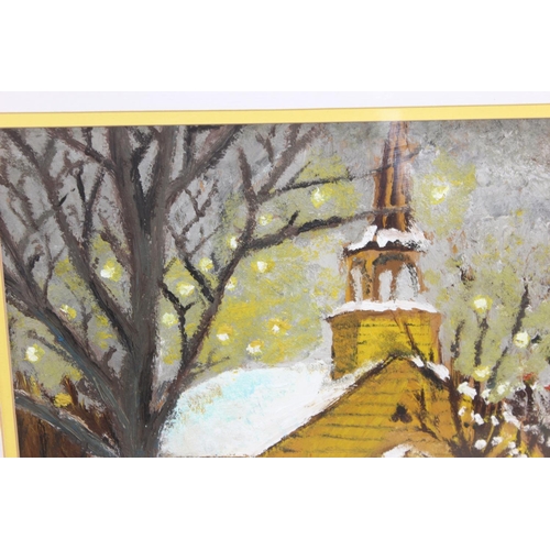 486 - A 20th century impression style acrylic painting of a church in the snow, F&G, signed indistinctly l... 