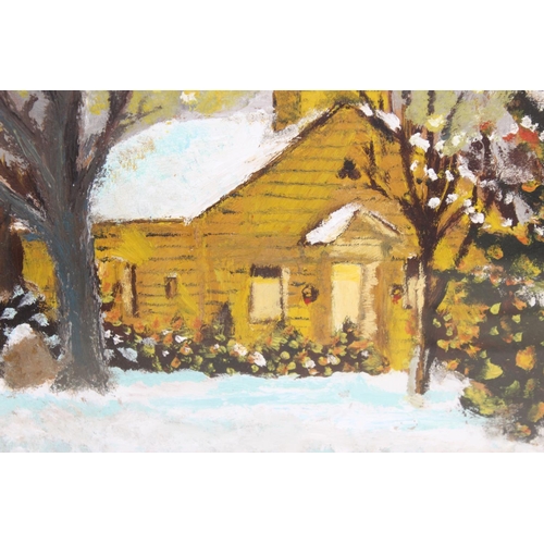 486 - A 20th century impression style acrylic painting of a church in the snow, F&G, signed indistinctly l... 