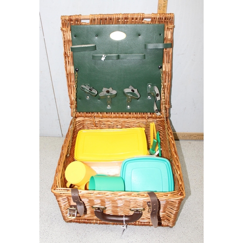 290 - Fortnum & Mason's wicker picnic basket with associated contents, watering can, planter, and marble p... 