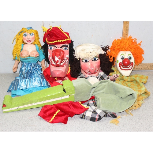 1520 - Vintage wooden carved Punch and Judy hand painted puppets with 3 others to include a crocodile