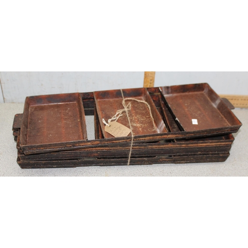 1749 - 4 vintage baking trays, a vintage enamel jam pan and a long handled frying skillet