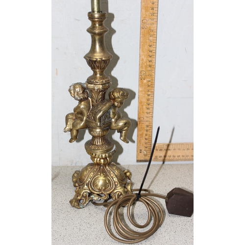 246 - 3 lamps of differing designs to include 2 brass antique style lamps and 1 alabaster table lamp, tall... 