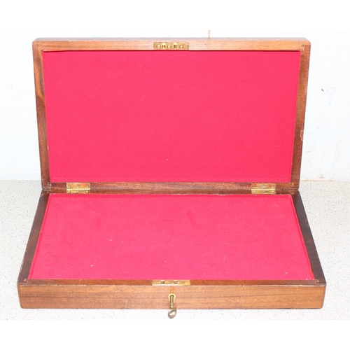 282 - Mahogany wooden box with red felt lining and key, approx 42cm x 24cm x 7cm