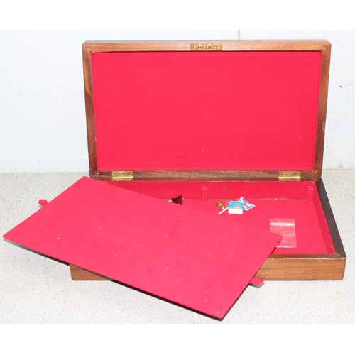 282 - Mahogany wooden box with red felt lining and key, approx 42cm x 24cm x 7cm