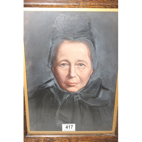 417 - Antique oil on canvass of elderly lady attributed to Robert Douglas with information verso approx. 5... 