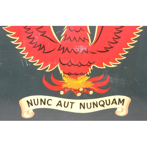 421 - 2 wooden boards with phoenix rising designs and Latin motto of the Dutch special forces 'Nunc aut Nu... 