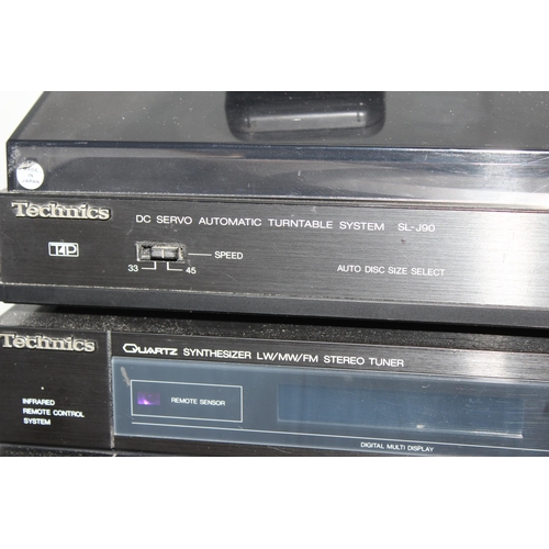 751 - Technics stereo system to include a turntable SL-J90, Synthesizer stereo tuner, stereo amp and doubl... 