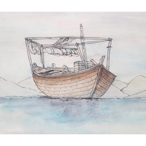 428 - Q Yagout 1980, naïve watercolour of a boat or Dhow on the water, signed, approx 51cm x 42cm, 