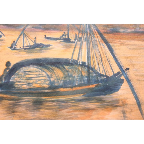 428 - Q Yagout 1980, naïve watercolour of a boat or Dhow on the water, signed, approx 51cm x 42cm, 