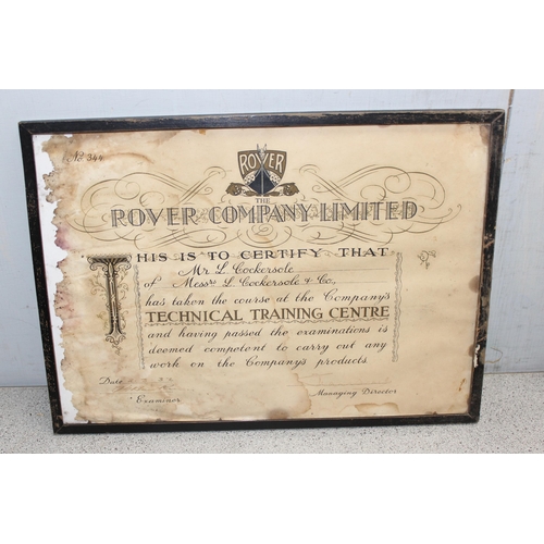 499I - 2 1930's Rover Company Ltd technical training certificates both signed by the Managing Director