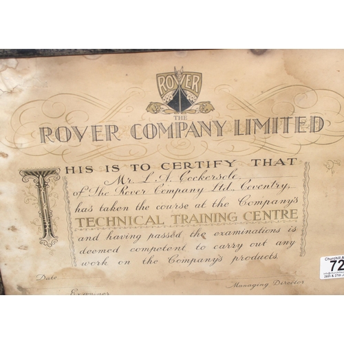 499I - 2 1930's Rover Company Ltd technical training certificates both signed by the Managing Director