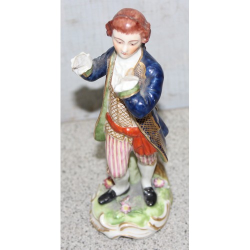 1806 - Vintage chip carved figure of an Oriental man, approx 37cm tall, 2 porcelain figures and 3 pieces of... 