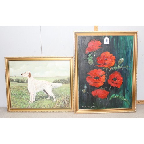 489A - Qty paintings to incl 2 original marine schools oil paintings, one of poppies and one of a dog