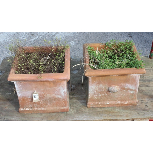 333 - A pair of antique style square planted terracotta garden planters, approx 36cm square x 30cm tall