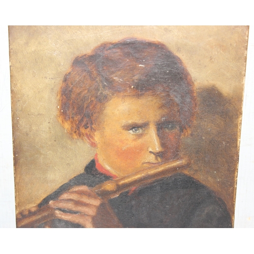 458 - A small unsigned oil on canvas of a boy playing a flute, likely 19th century, approx 26cm x 20cm