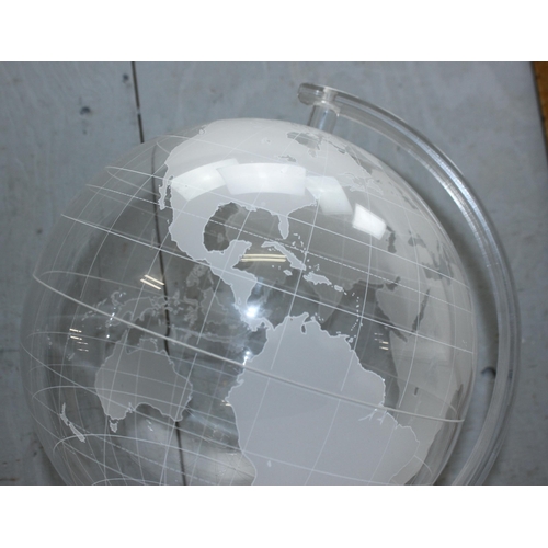 664 - Clear & frosted Perspex terrestrial globe, approx diameter 30cm